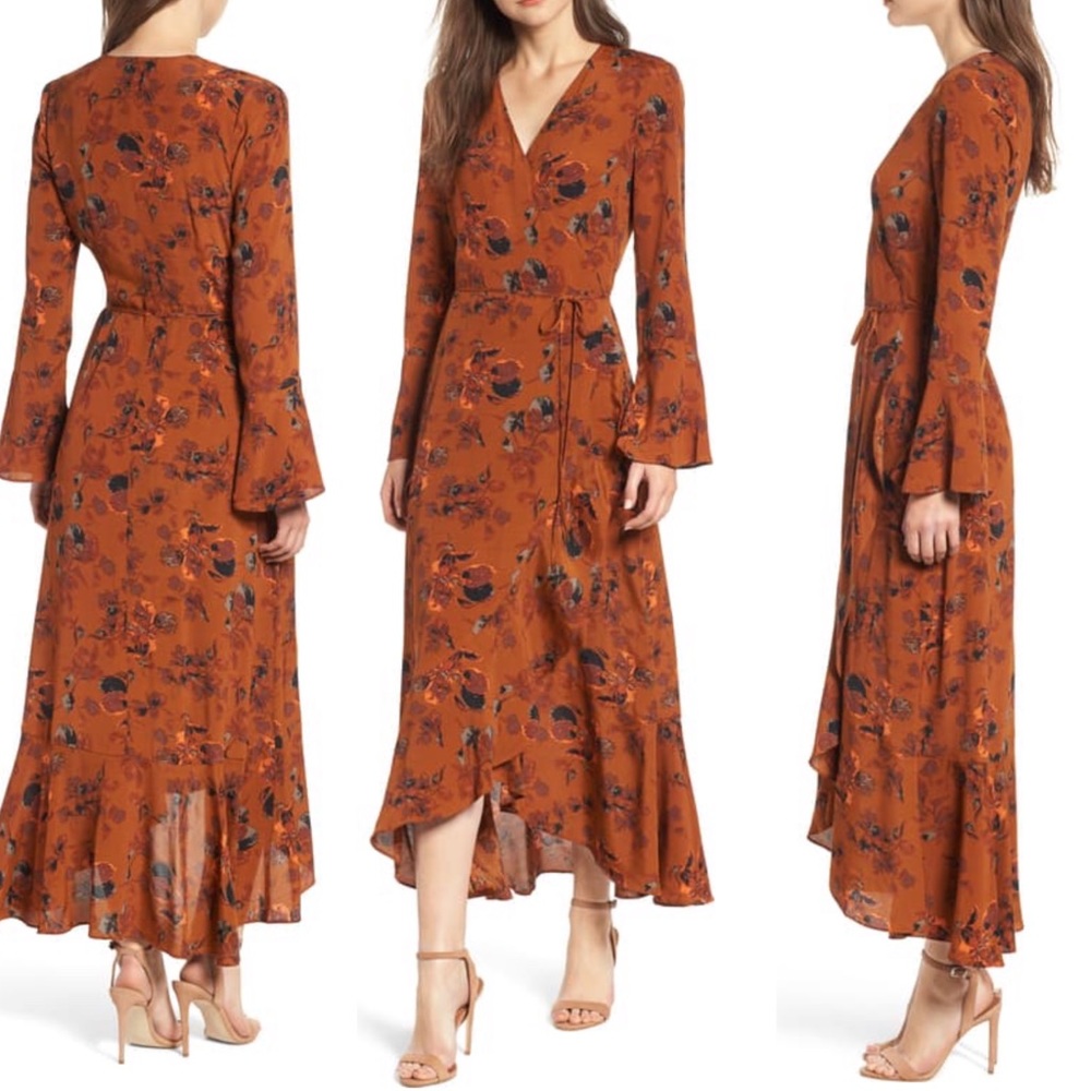 Nordstrom Leith Rust Bell Sleeve Midi Wrap Dress